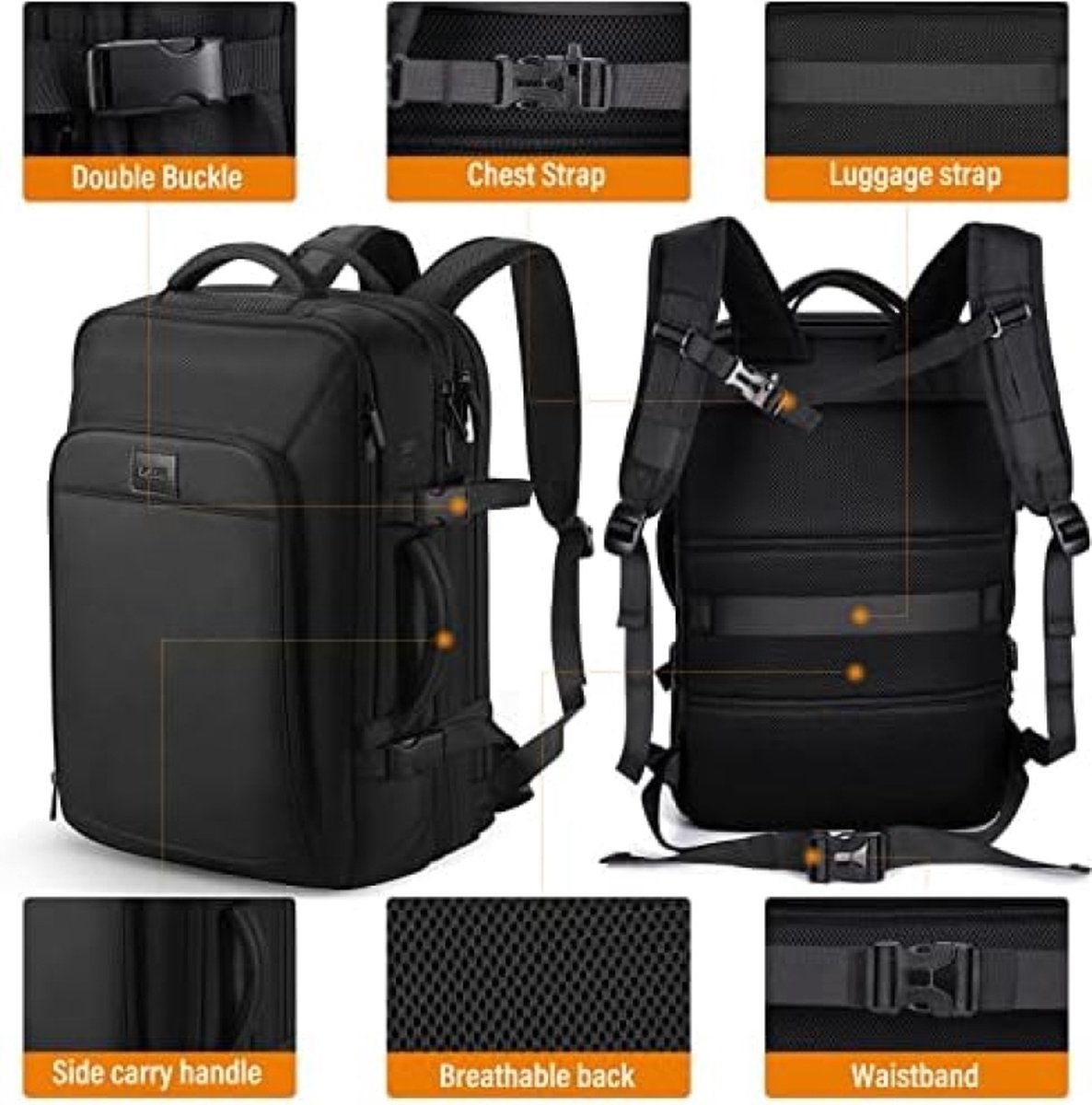 Handbagage, reisrugzak, uitbreidbare rugzak, 38 tot 50 liter, 17,3 inch laptoprugzak, heren, dames, handbagage, vliegtuig, opvouwbare reistas, rugzak, grote reistas, X-Large, Vakantie