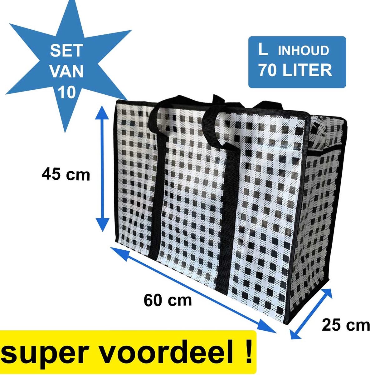 Big Shoppers with zipper (10 pieces) - 60 x 45 cm - Checked - Black - Set of 10
