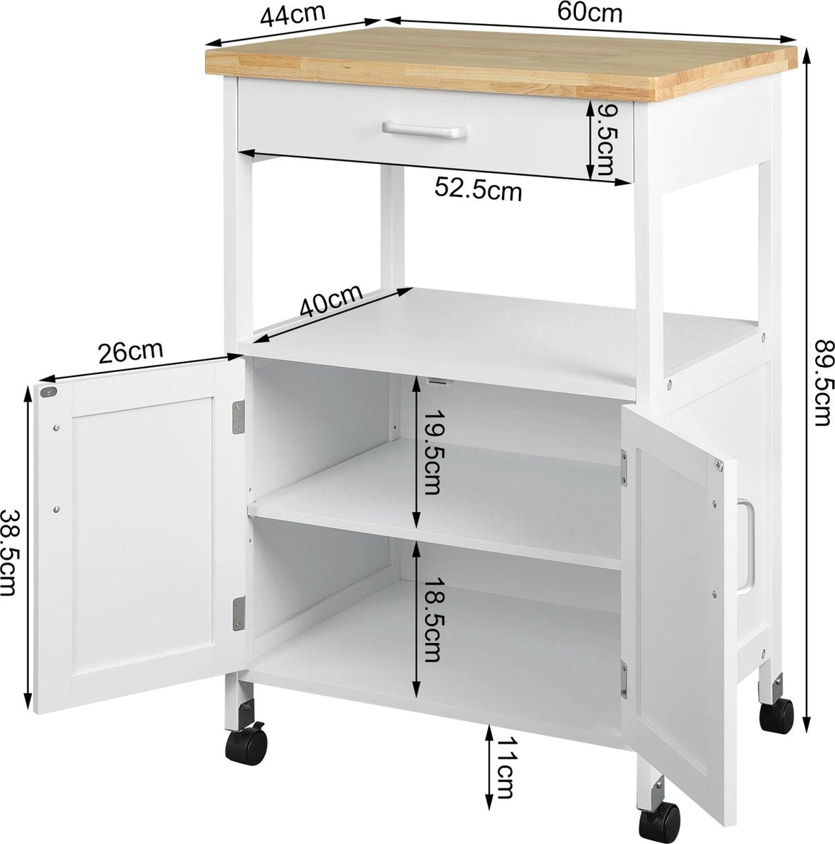 Kitchen trolley - With wheels - Side table - Serving trolley - Trolley for Kitchen - Spice rack - Storage rack - White - Oak