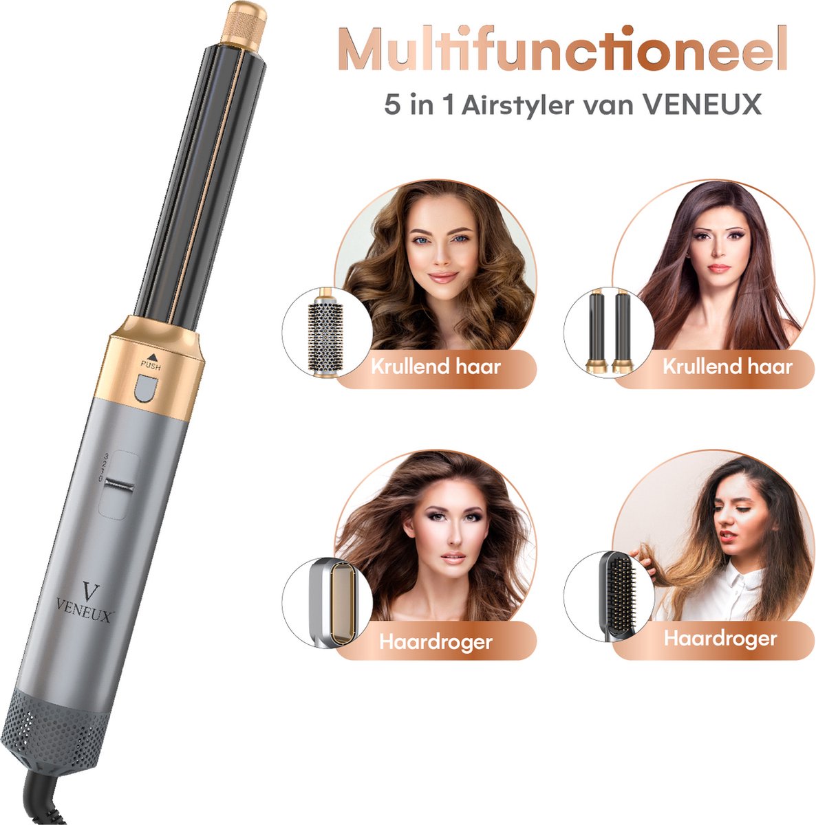 VENEUX® Föhnborstel - Airstyler - Krulborstel - Krultangen - 5-in-1 Multistyler - Met Opbergcase - Grijs Met Goud