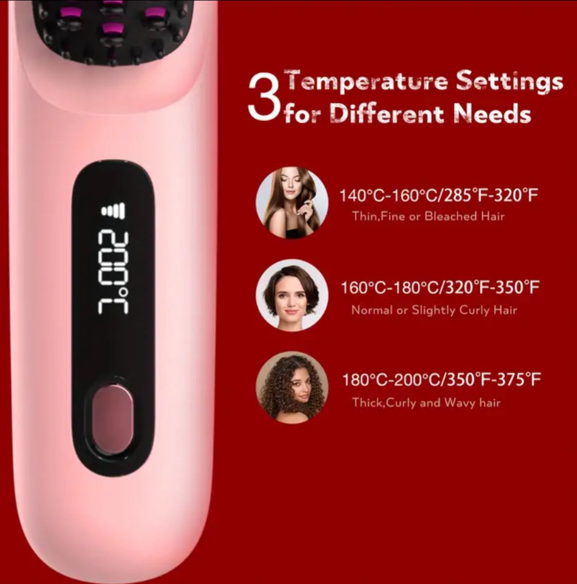 ROZE Draadloze Haarstijlborstel, Draagbare Negatieve Ionen Hete Kam Met USB Oplaadfunctie, Snelle Verwarming 3 Temperatuurinstellingen Anti-Verbranding, 20 Minuten Automatische Uitschakeling, Voor Reizen Dagelijks Gebruik