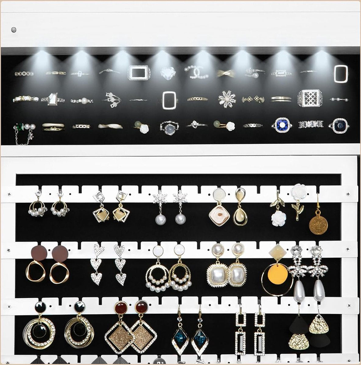 Jewellery Cabinet with Mirror - Mirror Cabinet - Jewellery Armoire - Full-Length Mirror - Make-up Cabinet on Wheels - Bedroom & Bathroom - 117x44x20 cm - Standing - White