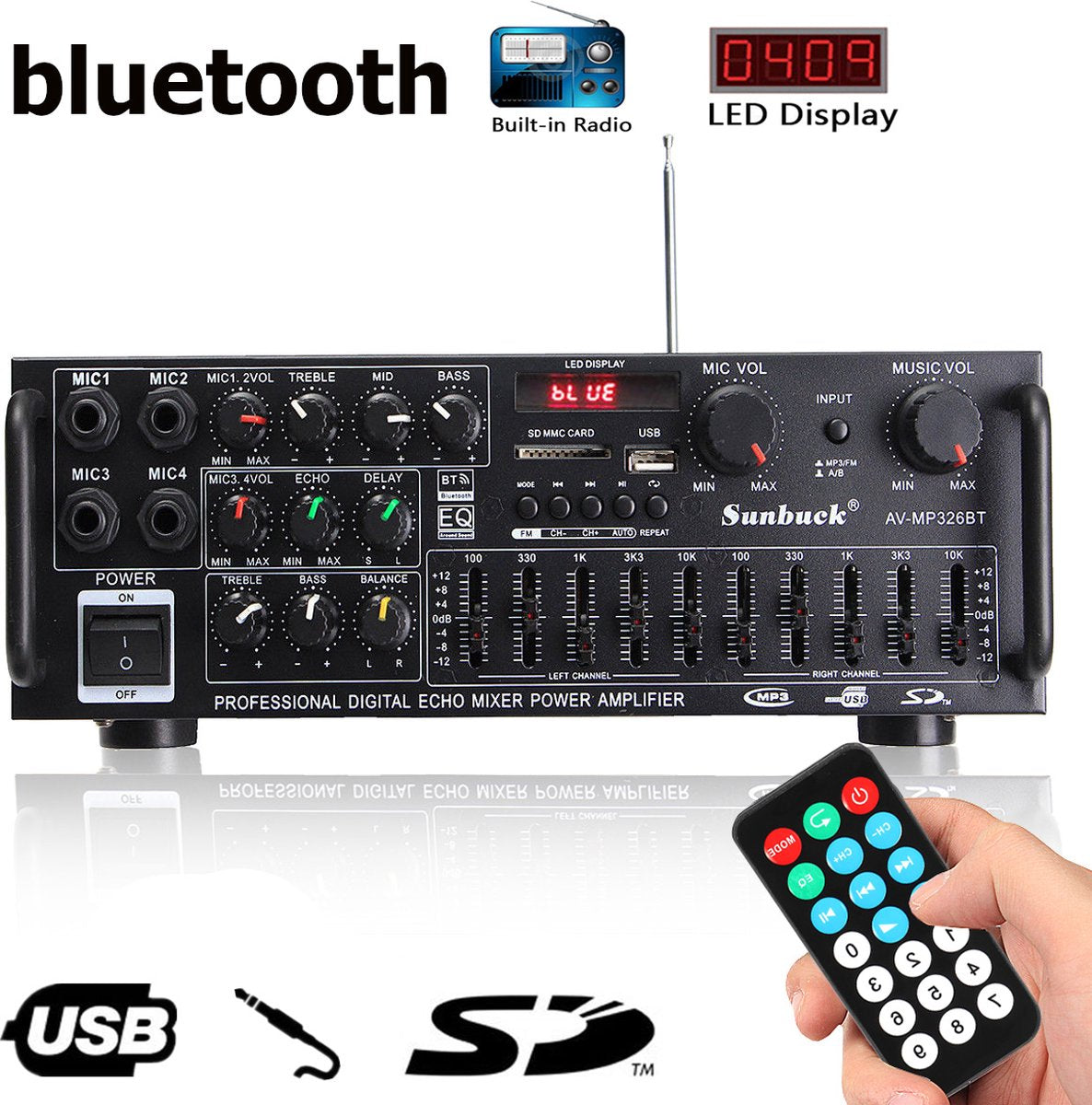 220V-240V Bluetooth Stereo Car Audio Versterkers-800W Auto Luidsprekers-met Afstandsbediening-Zwart