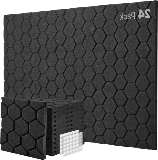 24 geluidsabsorberende akoestische panelen - 30x30x25cm - geluidsisolatiemat voor podcaststudio en gaming - zwarte akoestische panelen