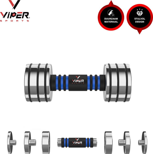 Viper Sports Verstelbaar gewicht 15 kg – Dumbbells – Antislip – Mirror finish – RVS/Foam – Steel Blue – 1 stuk
