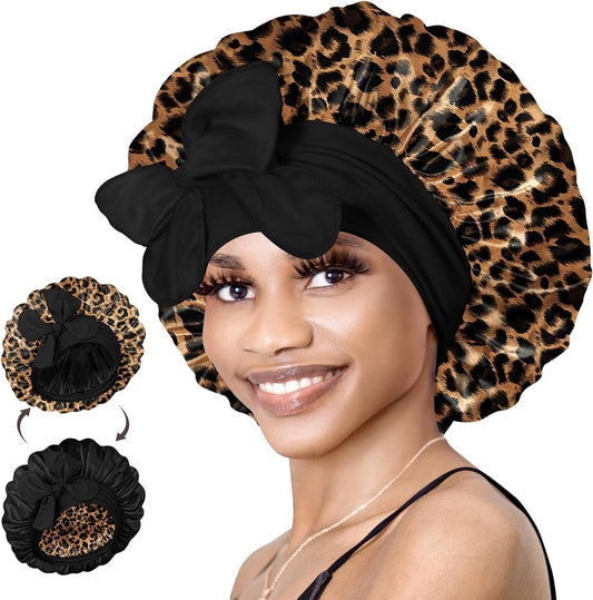 Silk Reversible Sleep Cap - Double-Sided Cap for Curly Hair - Elastic Band - Leopard Print
