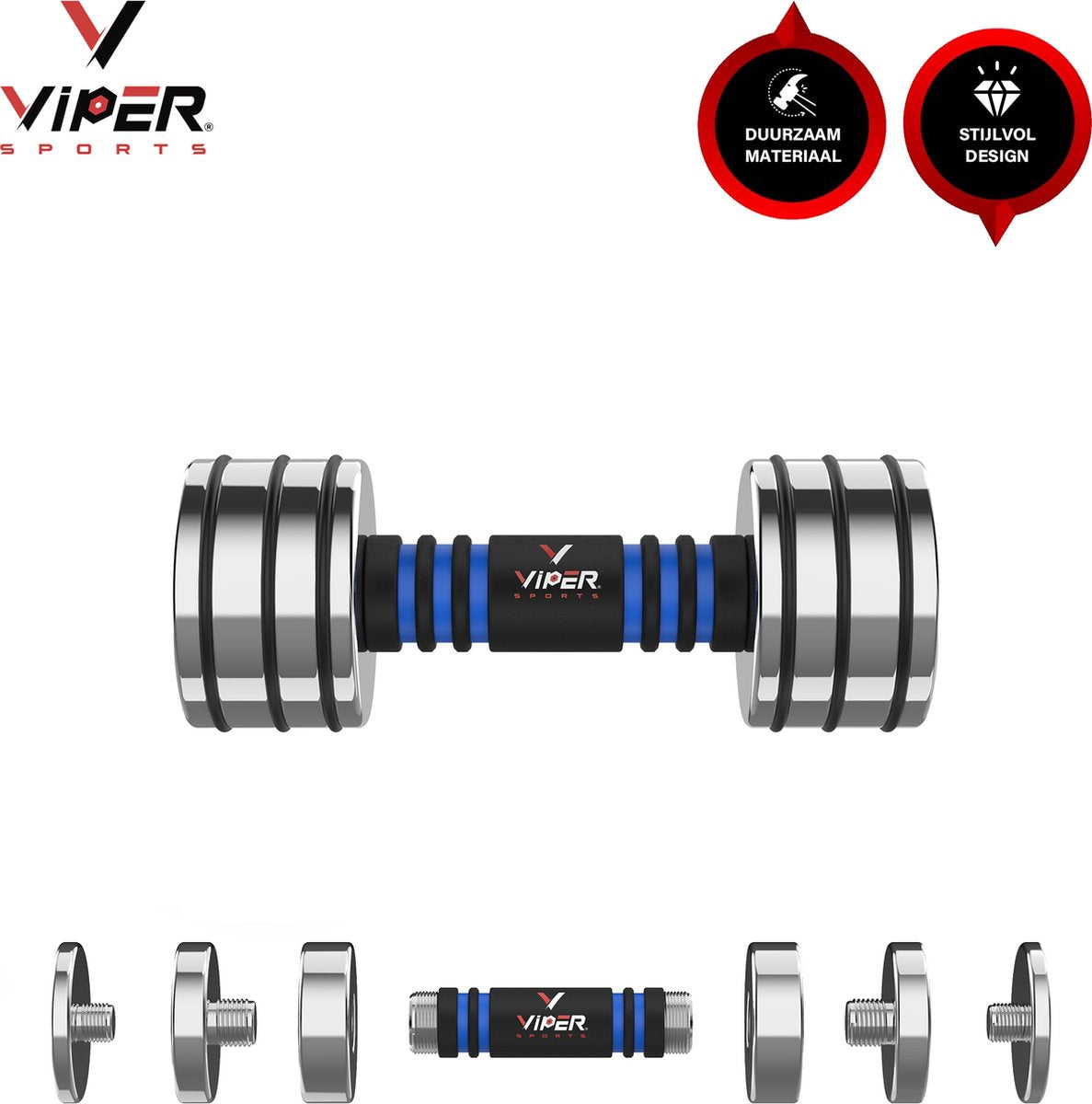 Viper Sports Verstelbaar gewicht 22 kg – Dumbbells – Antislip – Hoogglans - RVS/Foam – Steel Blue - 1 Stuk