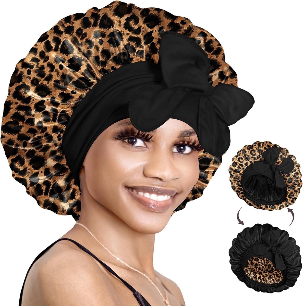 Silk Reversible Sleep Cap - Double-Sided Cap for Curly Hair - Elastic Band - Leopard Print