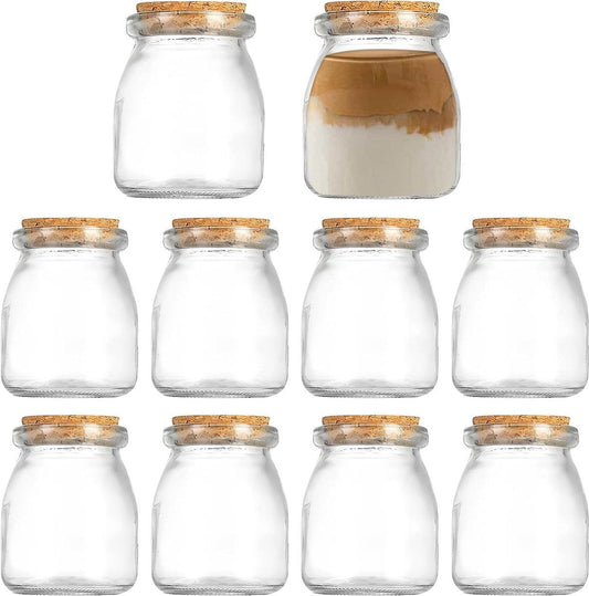 Glass bottles with cork - 10 pieces - 200 ml - small canning jars - jam jars - spice jars - round glass jar - milk glass bottles - pudding jars - storage jars for kitchen - party jam jars with lid