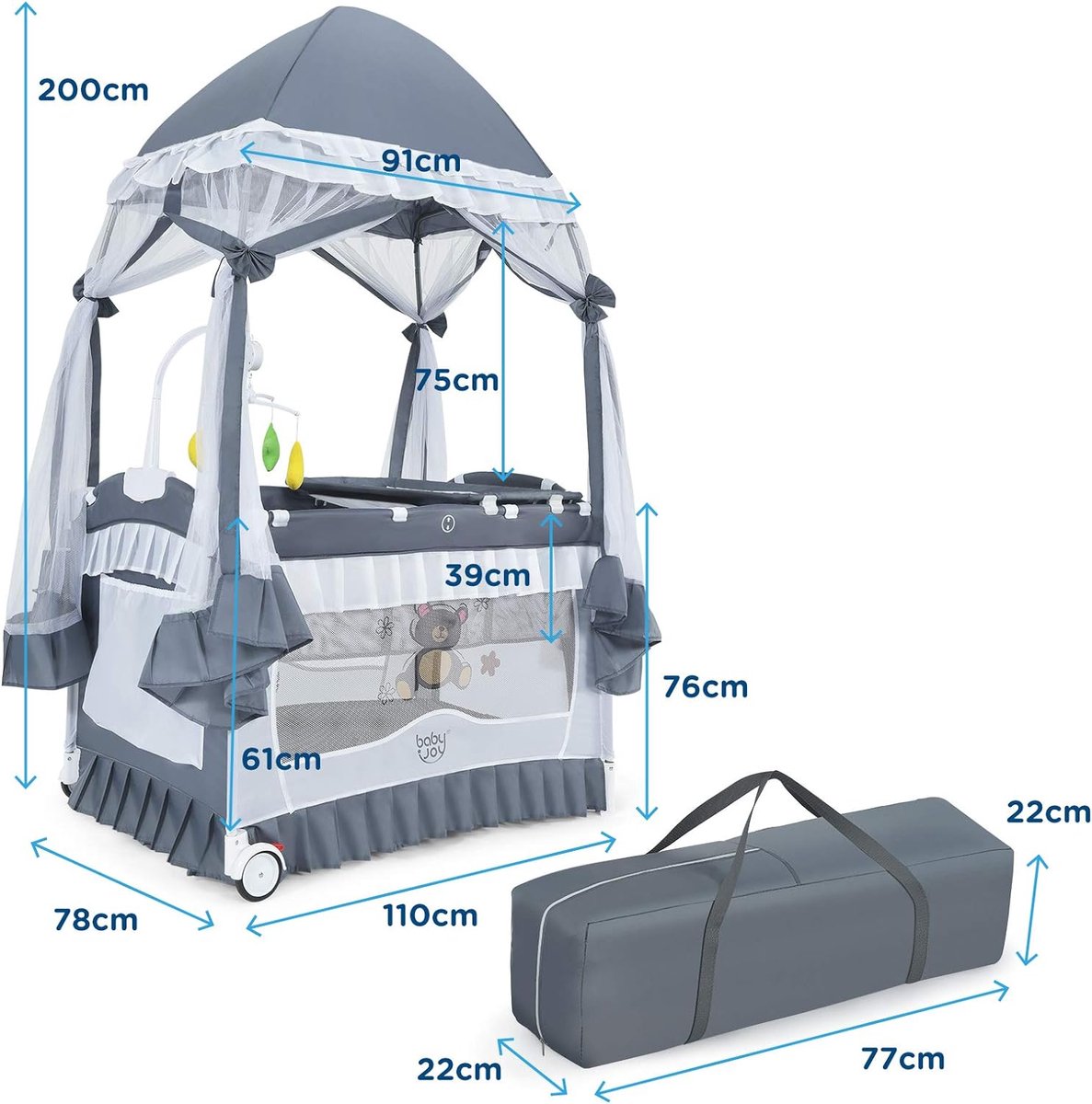 Kinderreisbed, opvouwbaar, reisbed, inklapbaar met speelgoed en muggennet en muziek, mobiel babybed met draagtas, kinderbed, klapbed voor kinderkamer, reisbed baby (grijs)