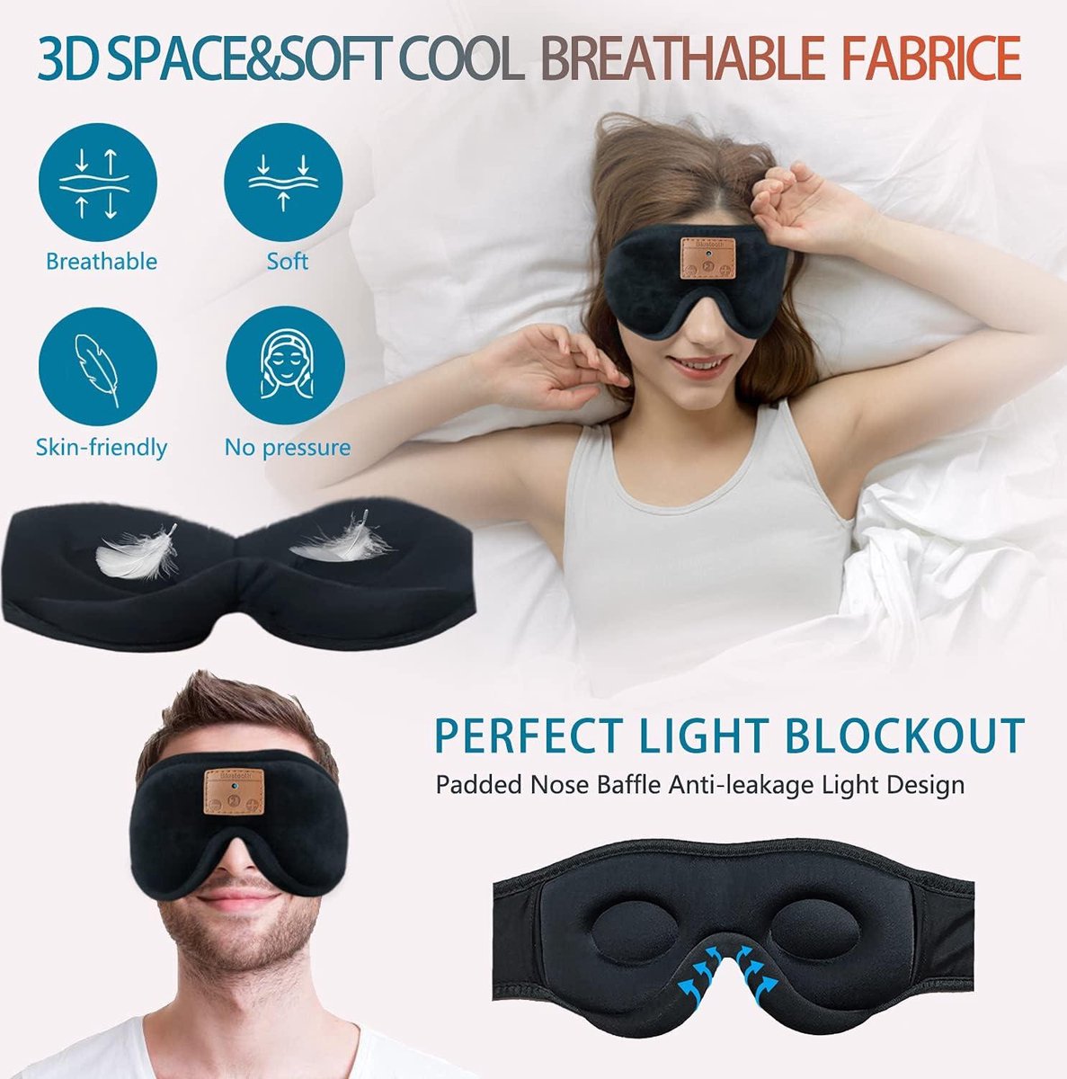 Sleep Mask with Bluetooth Headphones - Sleep Aid for Adults and Kids - Noise Cancelling - Good Night's Sleep - Black