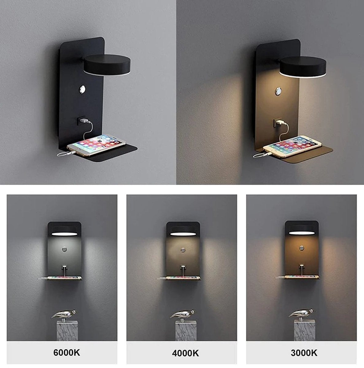 2 stuks Wandlamp slaapkamer - wandlampje - bedlampje - Wandlamp binnen - nachtlampje volwassenen - LED wandlamp - voor naast bed - inclusief USB o-laadpoort - inclusief schakelaar - zwart