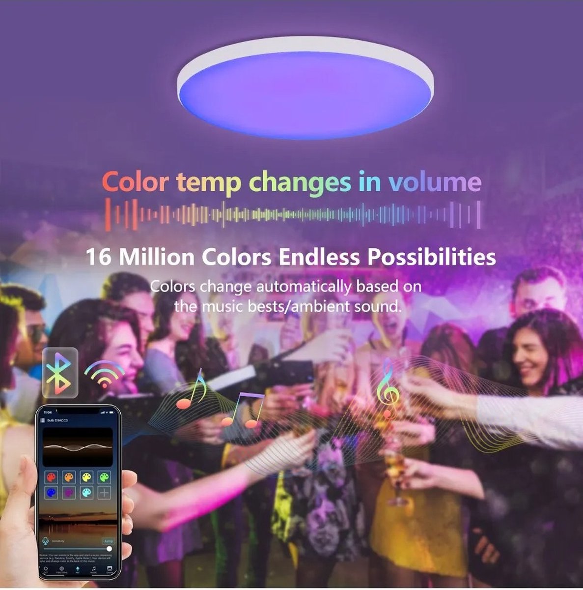 LED Plafondlamp BTM met Bluetooth speaker - Ø 30cm - Wekker en Nachtlamp - Plafonnière - Verlichting kinderkamer, slaapkamer, woonkamer - Plafondlamp kinderen, baby, jongen, meisje - RGB Kinderlamp - Smart lamp met afstandsbediening