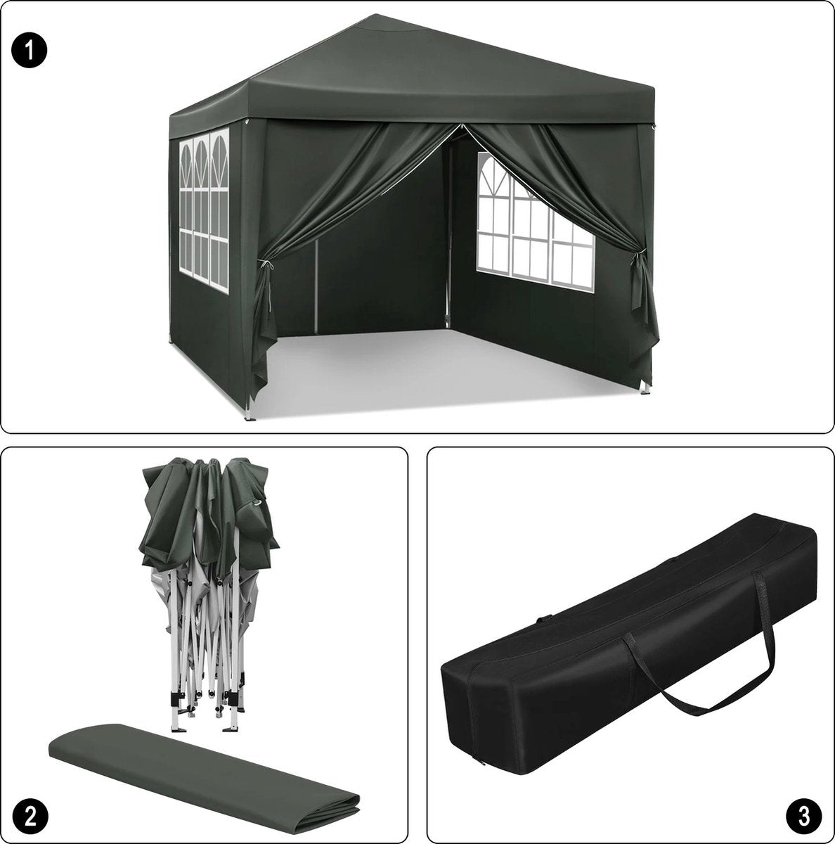 J&R Partytent - Paviljoen - Opvouwbare Luifel - Tuin tent - Waterdicht - Uv Bescherming - met Draagtas - Pavillon - Prieel - Zijpanelen - 3x3m - Blauw