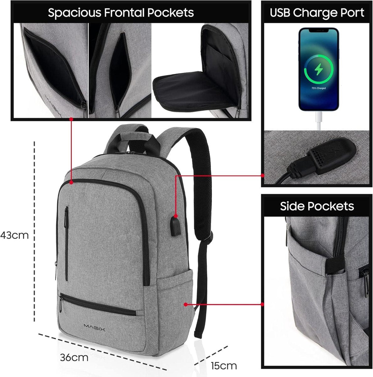 Laptop Rugzak 17 inch USB-oplaadpoort - Waterbestendig - Verborgen Zak - Ruimte voor 17 inch PC - Grote Tas voor Zaken Reizen School Heren Dames