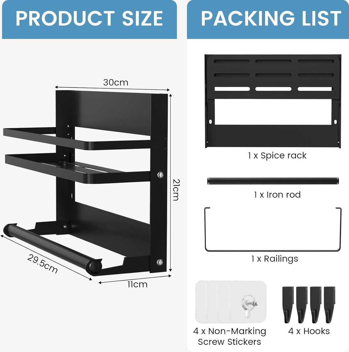 Spice rack - Hanging Kitchen Rack made of Stainless Steel - No Drilling - Black - 4 Hooks kitchen roll holder hanging