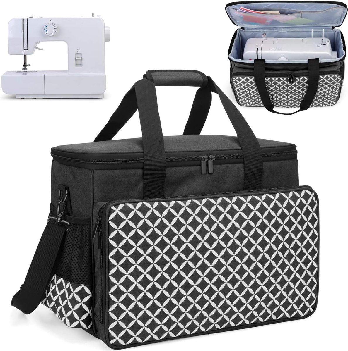 Sewing machine bag with wooden board at the bottom, carry bag, transport and storage bag is compatible with most common sewing machines and accessories, black with diamond pattern