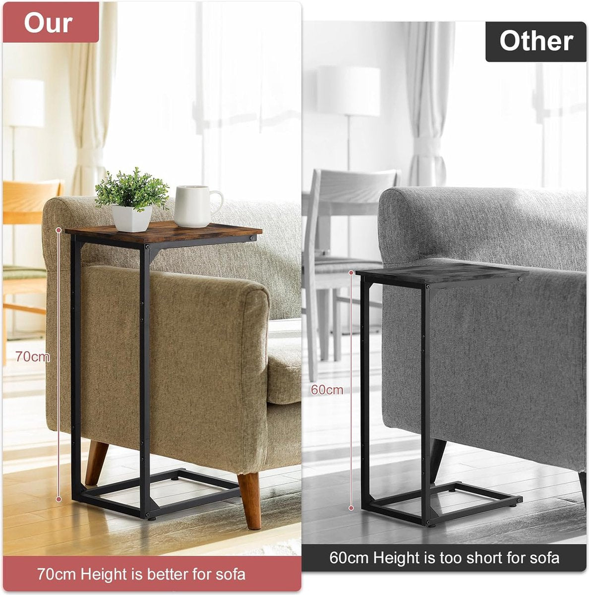 Bijzettafel voor bank, hoge slanke bijzettafel voor bank en bed, verstelbare hoogte en metalen frame, salontafel, salontafel, nachtkastje voor woonkamer, slaapkamer (bruin, hoogte 70 cm)