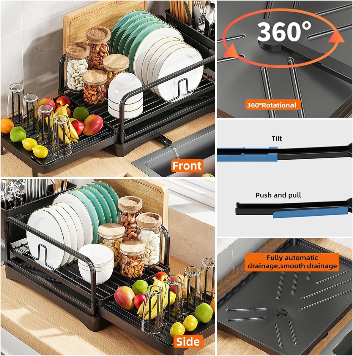 Stainless Steel Kitchen Organizer with Extendable Drying Rack and and Cutlery Holder