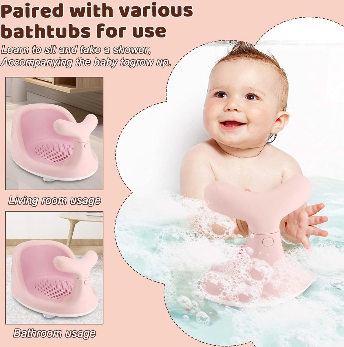 Babybadzitje, schattig babybadzitje in walvisvorm, babybadzitje voor zittende baby's tijdens het baden in bad, voor 6 maanden en ouder (roze)