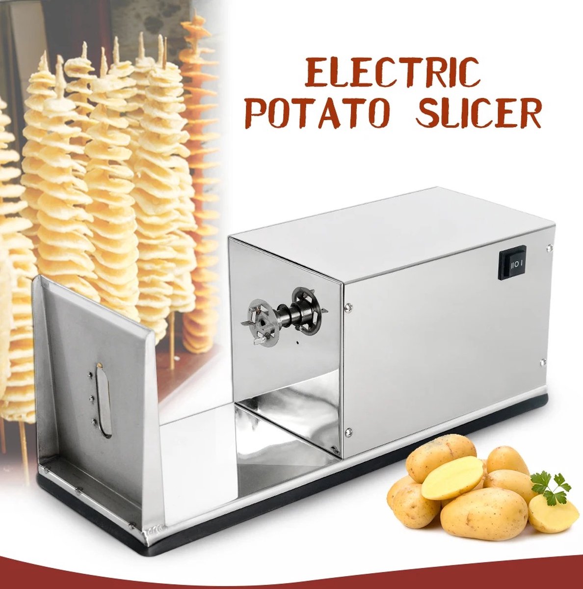 Elektrische Aardappel Spiraalsnijder – Aardappel op een stokje - Frietsnijder – Aardappelsnijder – Multifunctionele Groentesnijder – RVS – Zilver