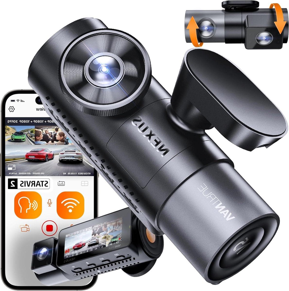 4-kanaals dashcam auto 1944P+3×1080P/30FPS STARVIS 2 360°-camera voor en achter 5GHz wifi spraakgestuurd met GPS - dubbele HDR+WDR 24 uur bufferparkeermodus - dubbel IR - max. 512G Dashcam voor auto