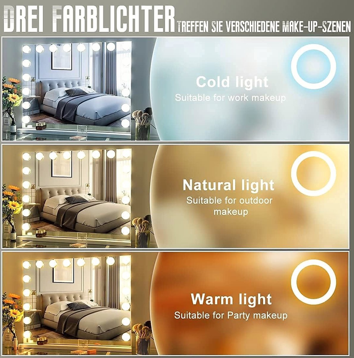WINKEL YOLO-spiegel met verlichting - Bluetooth Make-up Spiegel met verlichting 18 LED-lamp Dressoir Spiegel Hollywood Spiegel met USB oplaadpoort 3 kleurtemperaturen