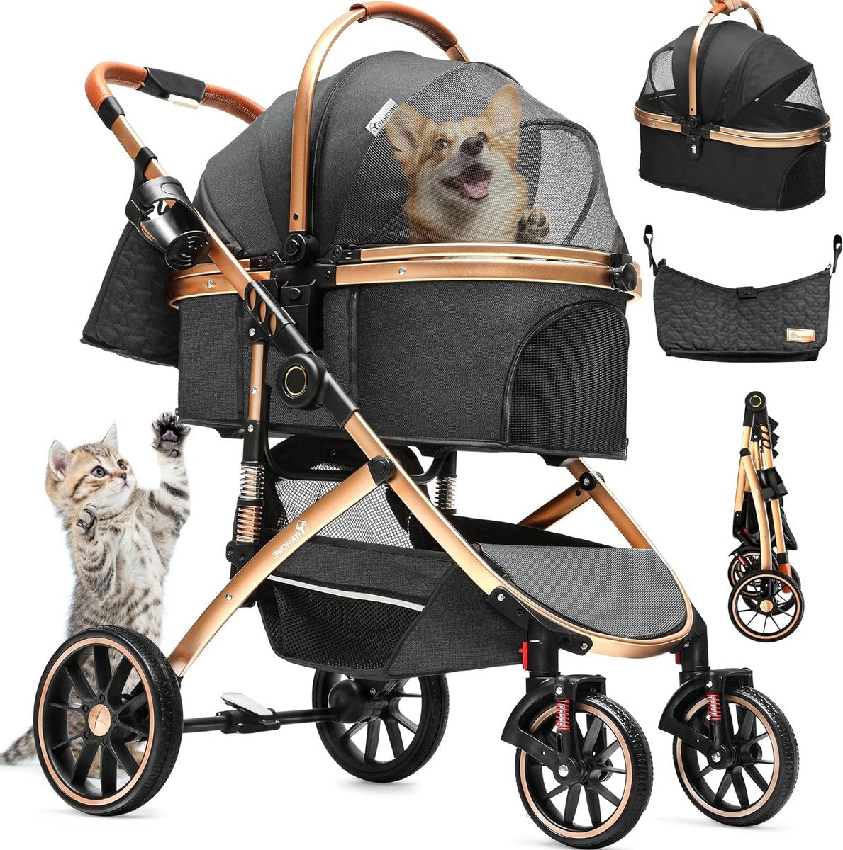 3-in-1 dog buggy up to 20 kg foldable for small dogs and cats - Foldable pram (black)