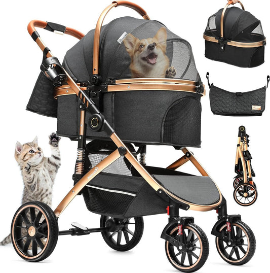 3-in-1 dog buggy up to 20 kg foldable for small dogs and cats - Foldable pram (black)