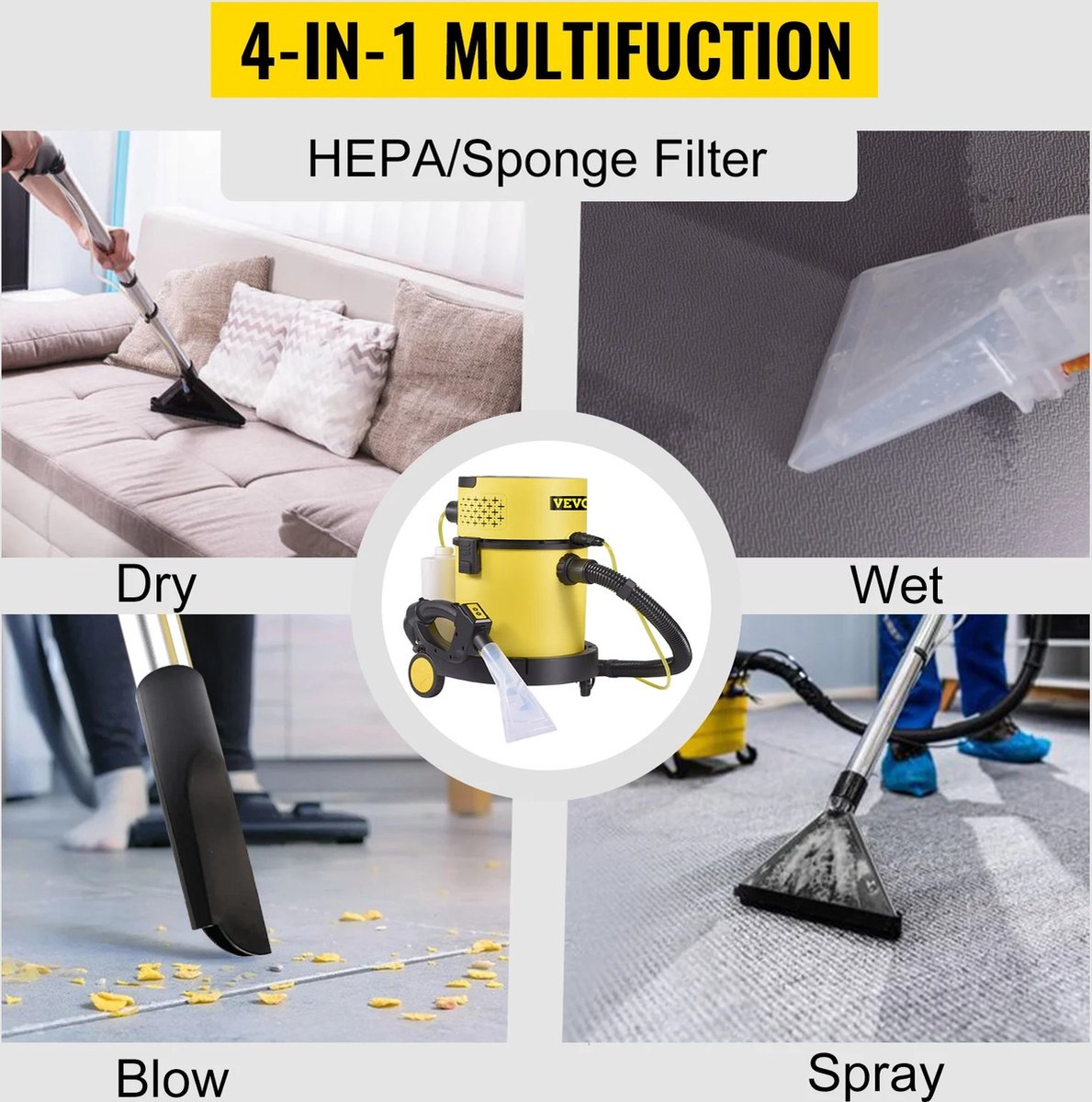 Carpet cleaner vacuum cleaner with spray technology 4 in 1 - Wet&Dry vacuum cleaner - Carpet cleaner - Stain cleaner Upholstery cleaner Sofa & Furniture cleaner - Carpet device Furniture cleaner - Hair remover Vacuum cleaner Pet hair