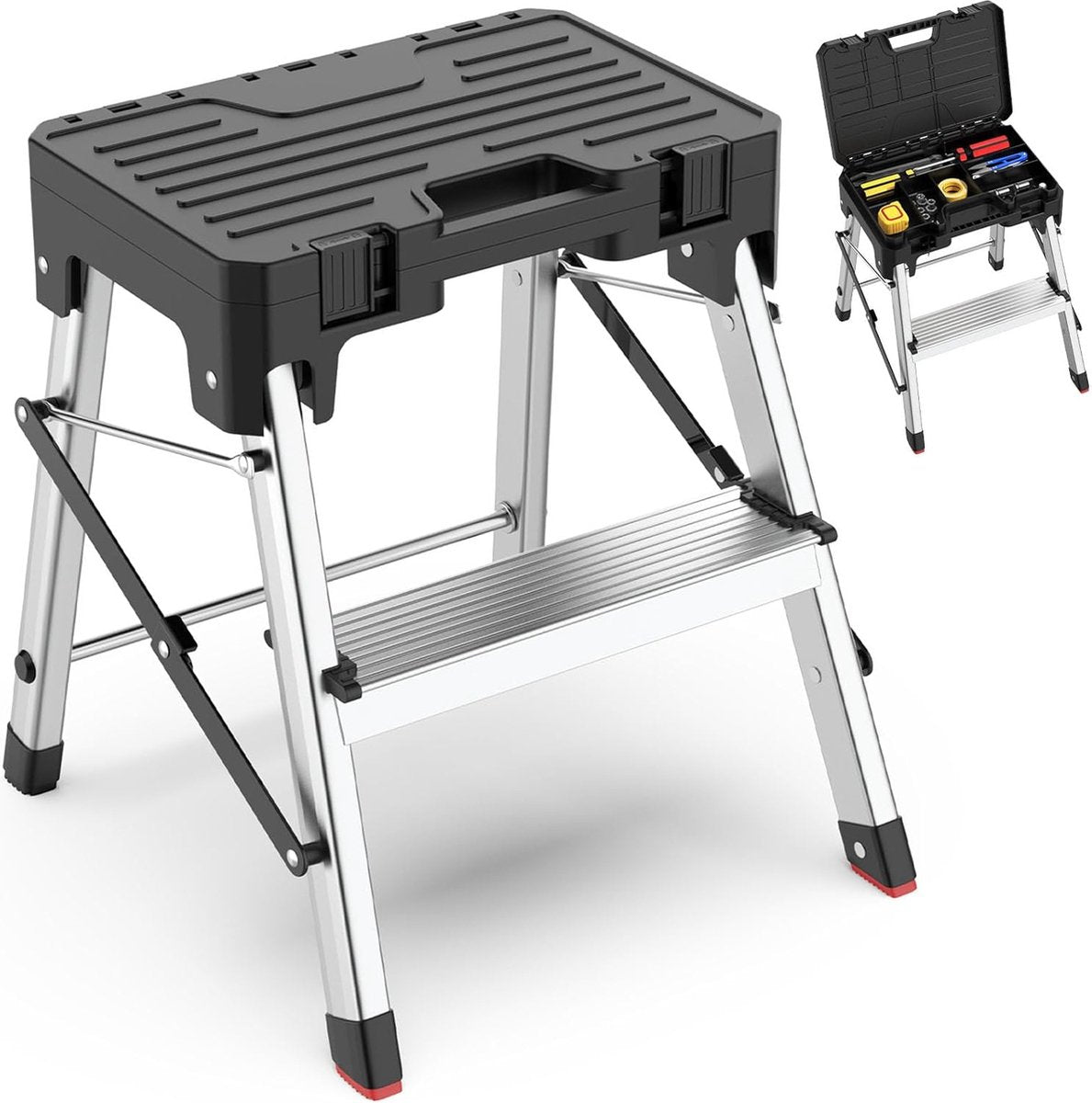 Folding ladder, aluminum step ladder, 2-in-1 step stool with tool storage, portable folding stool, household ladder, load capacity up to 150 kg, 2 steps