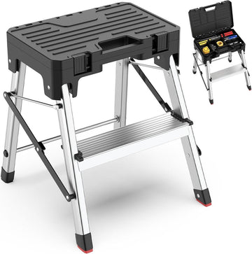 Vouwladder, aluminium trapladder, 2-in-1 opstapkruk met opbergruimte voor gereedschap, draagbare klapkruk, huishoudladder, tot 150 kg belastbaar, 2 treden