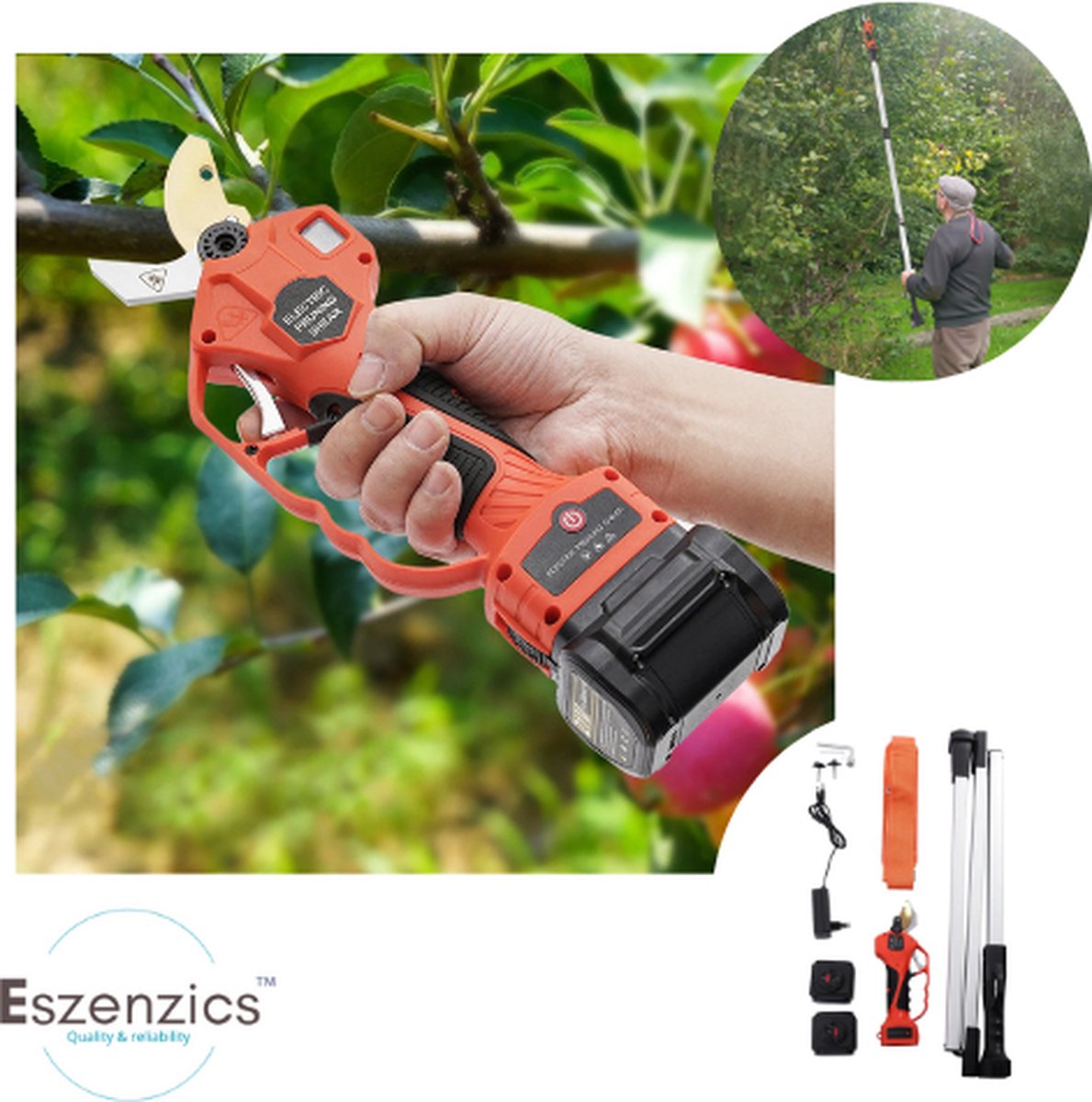 Eszenzicsâ„¢ Telescopische Snoeischaar - Incl. 2 Accu's 21V - Elektrisch - Krachtig 2000mAh - 400W - Tot 190cm en 30mm - Snijsnelheid Instelbaar - Beveiligd