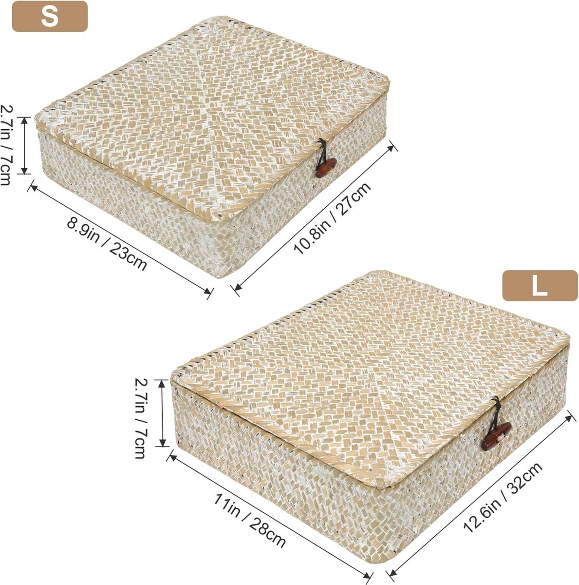 Set van 2 plat geweven rieten manden met deksel, natuurlijke zeegras-mandboxen, multifunctionele organizer, dozen voor plankorganizer