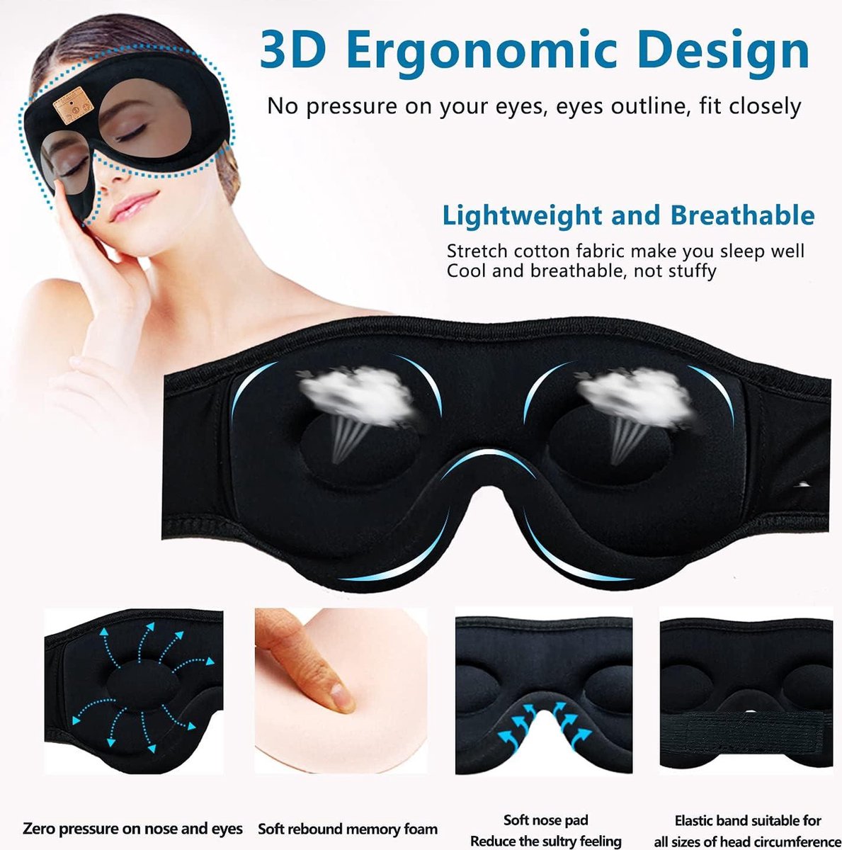 Sleep Mask with Bluetooth Headphones - Sleep Aid for Adults and Kids - Noise Cancelling - Good Night's Sleep - Black