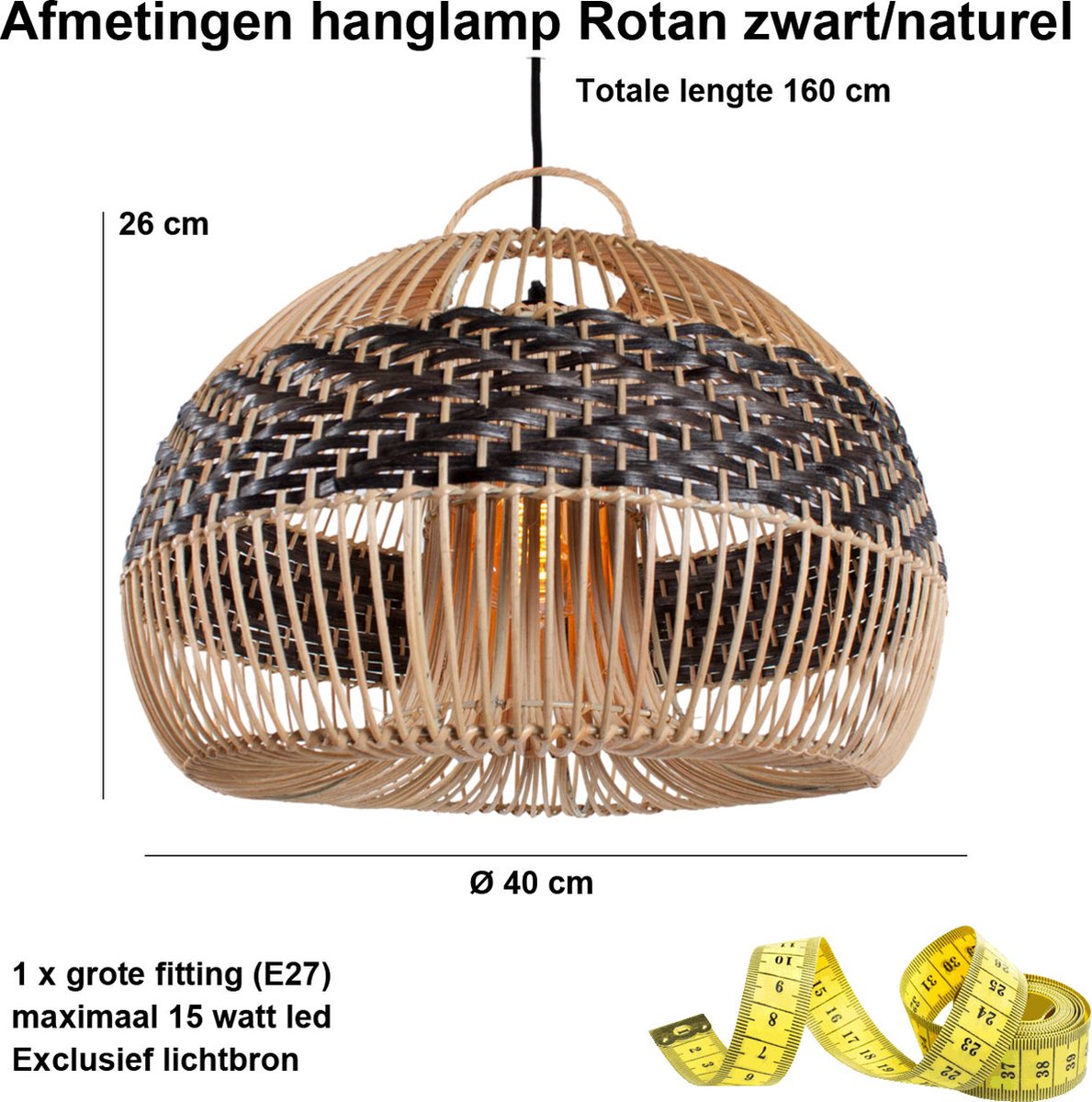 Rotan hanglamp Appel | 1 lichts | zwart / naturel | rotan / metaal | Ø 40 cm | in hoogte verstelbaar tot 140 cm | eetkamer / eettafel / woonkamer lamp | modern / landelijk design