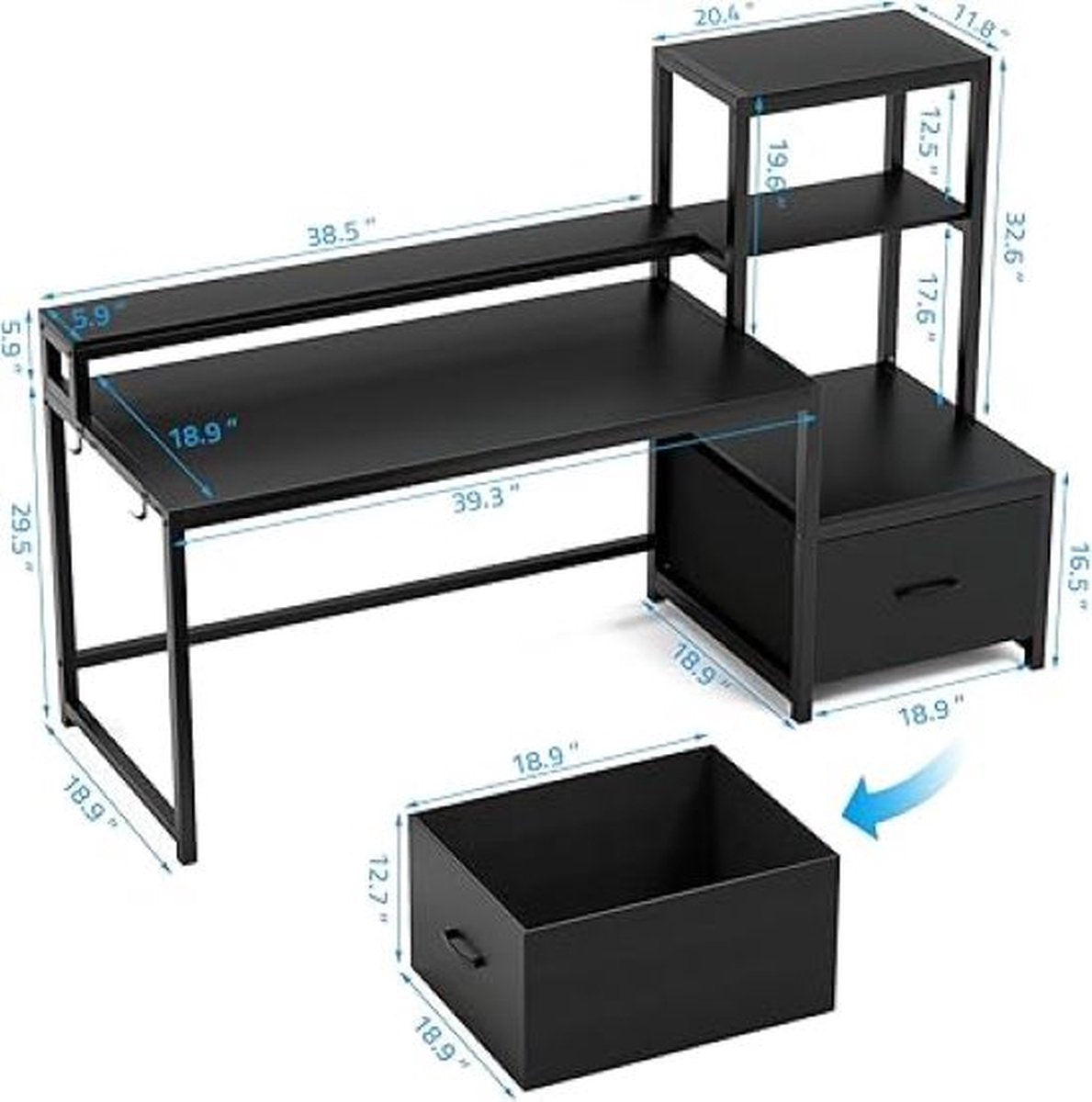 SHOP YOLO-game bureau-met Lade en Printer Plank-150 cm Omkeerbaar Computerbureau met LED-verlichting-Monitorstandaard en Haken Voor Computerwerkstation-Zwart