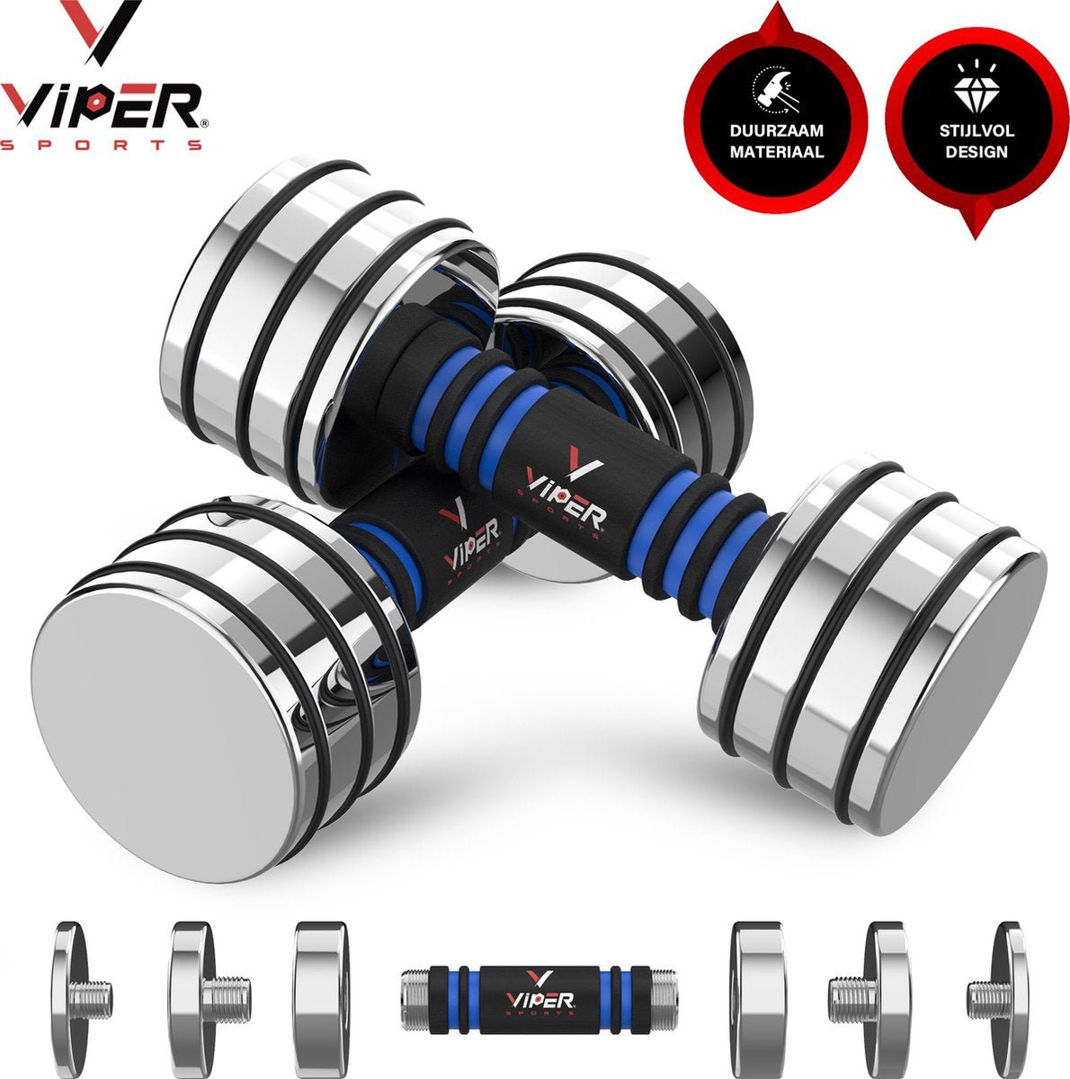 Viper Sports Verstelbare Gewichten 2 x 10 kg – Dumbbells – Dumbbellset – Antislip – Mirror Finish – RVS/Foam – Steel Blue