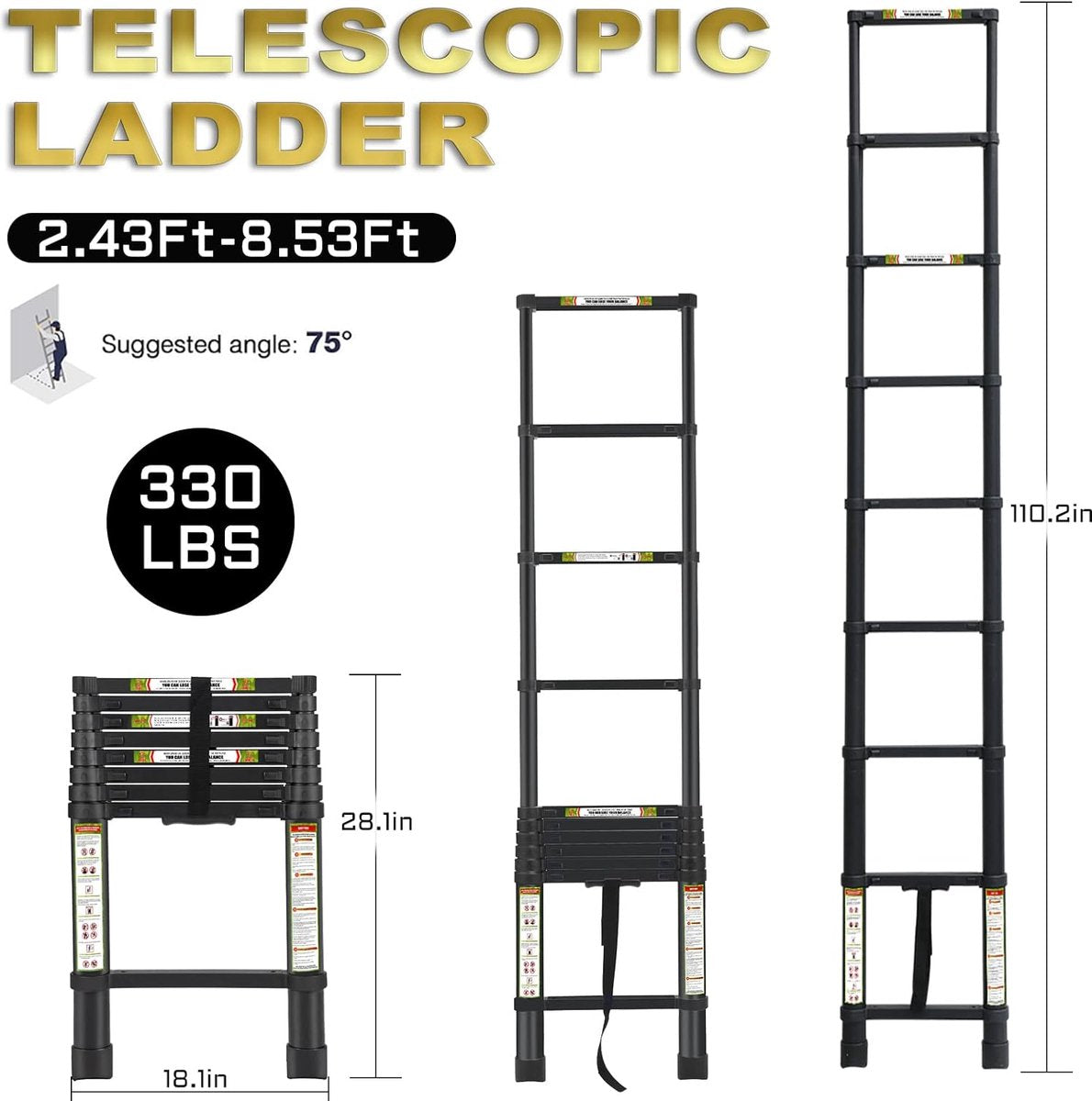 Telescopische ladder, huishoudladder, vouwladder, schuifladder, multifunctionele ladder, draagbare schuifladder van hoogwaardig aluminium, maximale belasting 150 kg/330 lb, 2,6 m/8,5 ft