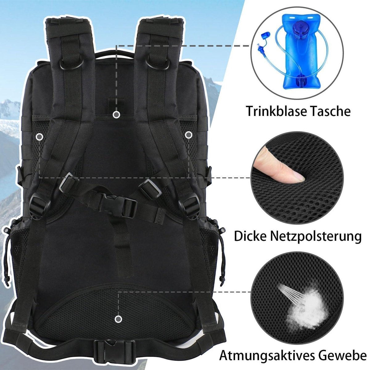 Tactische Militaire Rugzak 45L Grote Capaciteit Molle Waterdichte Survivalrugzak Outdoor Sport Heren Dames Wandelen Reizen Vissen Kamperen Klimmen Zwart Rugzak