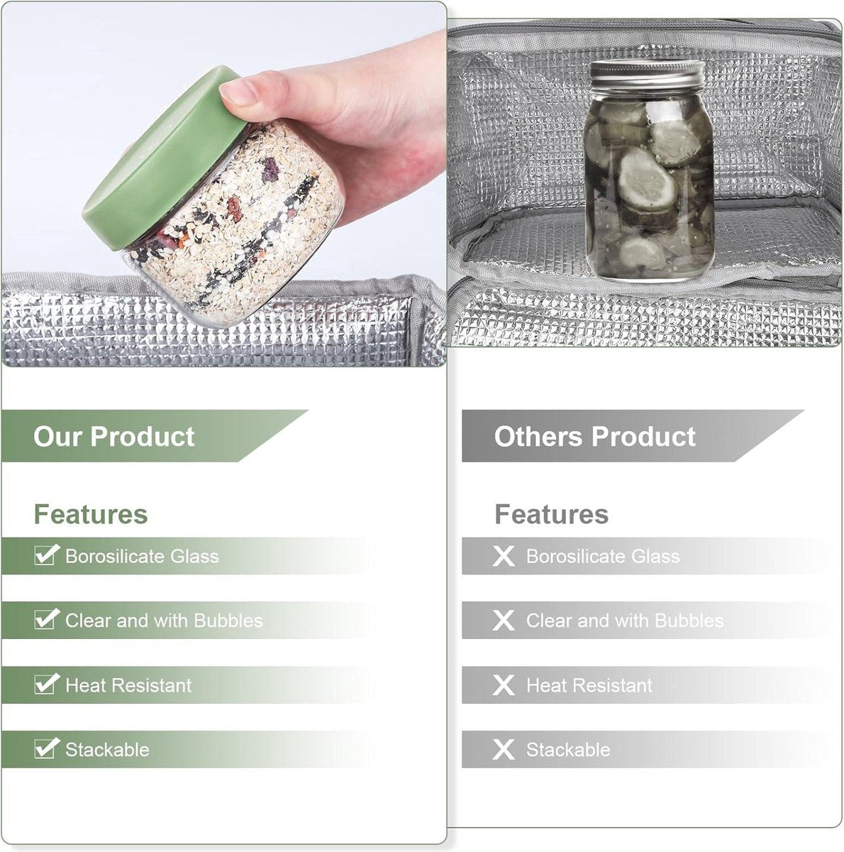Mueslibeker 300ml 2 stuks - potjes voor overnight oats - luchtdicht deksel - voorraadpotjes - ronde glazen bakjes - meal prep - yoghurt muesli pap - groene deksel