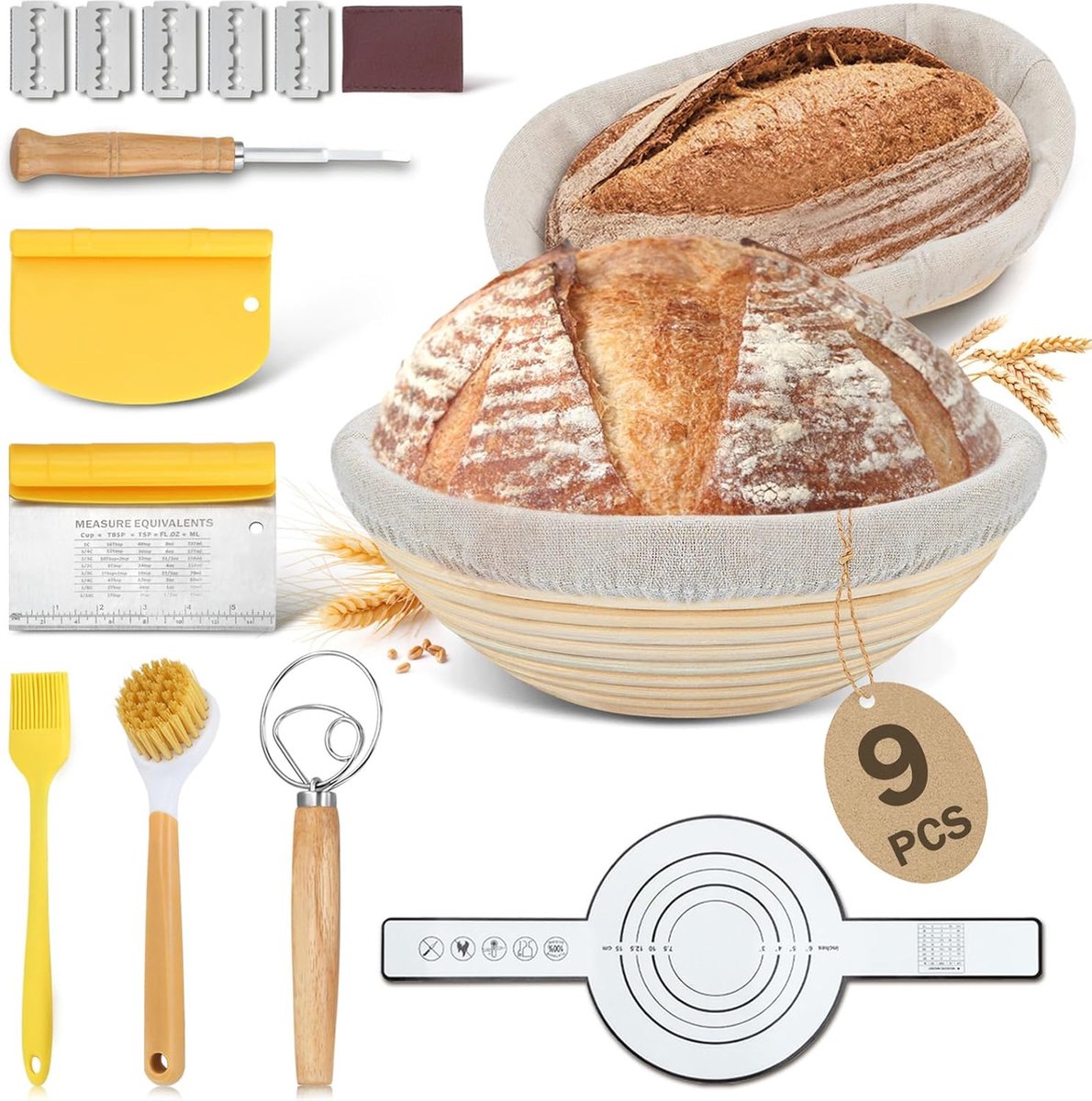 Sourdough bread baking starter set - 7 pieces - baking mat lame knife - dough scraper - proofing basket - dough knife - banneton - bread knife - small proofing basket for baking bread - round - dough couche