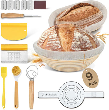 Zuurdesem brood bakken starter set - 7 delig - bakmat lame mes - deegschraper - rijsmand - deegmesje - banneton - broodmesje - rijsmandje broodbakken - rond - deegkleed