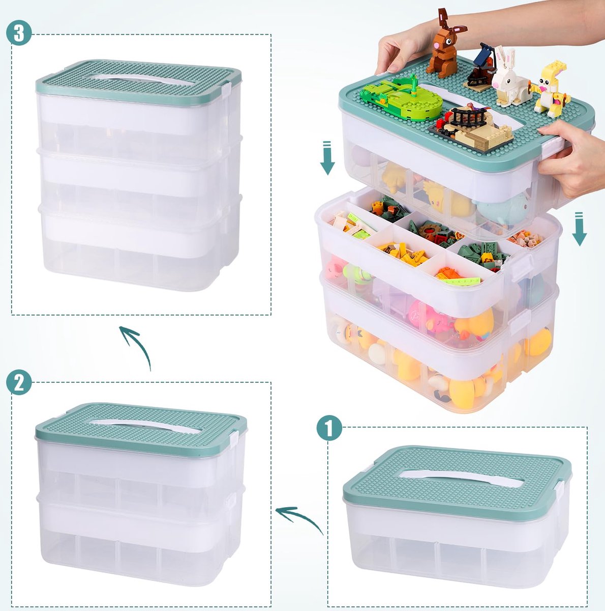 Opbergdoos voor speelgoed, organizer voor Lego, 3-laags, stapelbaar, bouwstenen-container, onderverdeeld, baksteen, puzzel-sorteerder, speelgoedsorteerdoos, opbergcontainer (olijfgroen)