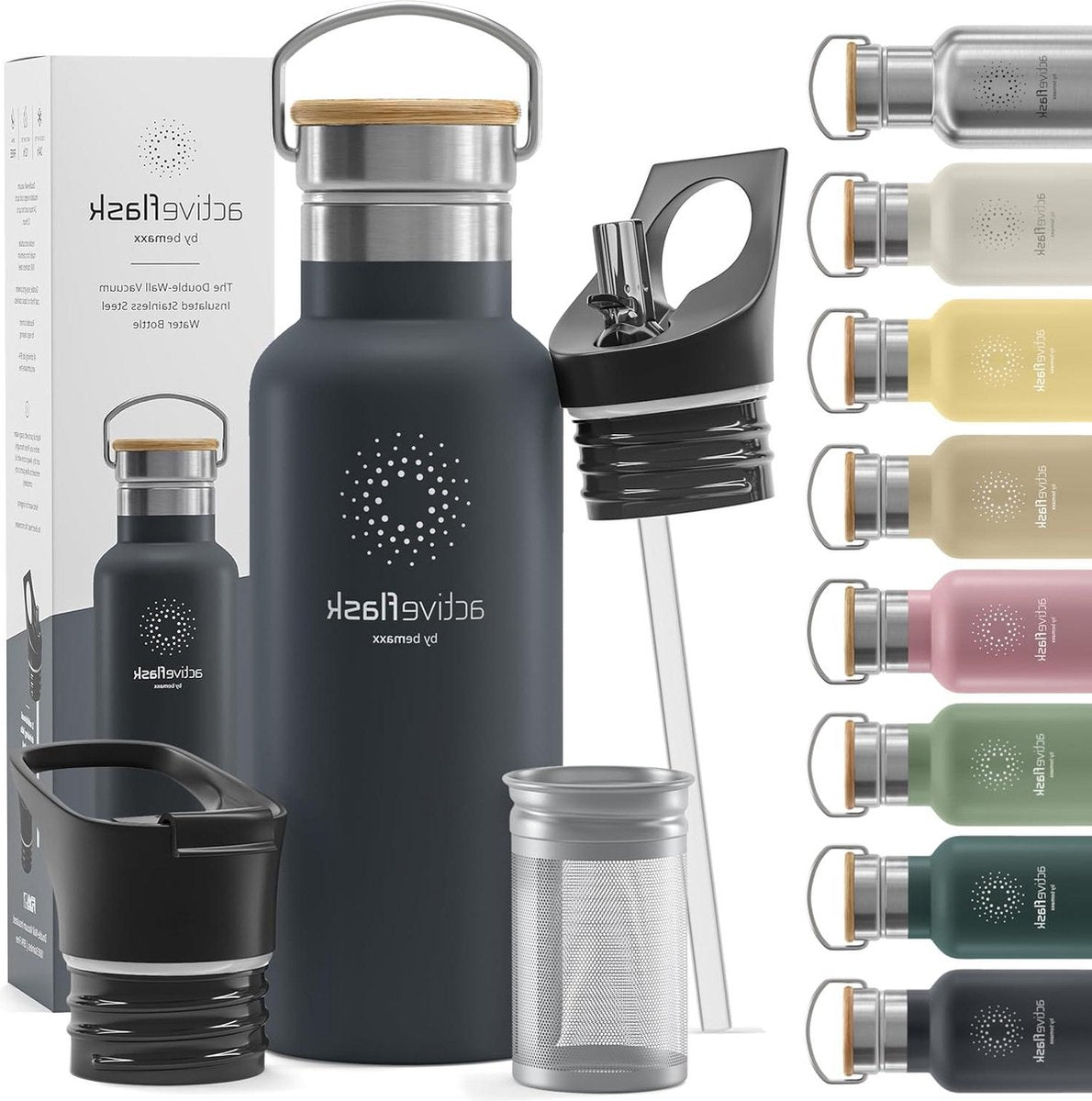 Stainless Steel Thermos Flask ACTIVE FLASK + Straw - BPA-Free - 1 Liter/500 ml - Vacuum Insulated Bottle - Sport Fitness Cycling - Kids Water Bottle - Sports Water Bottle