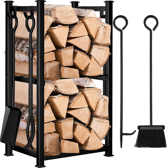 Log Rack with 4 Fireplace Tools, 72 x 46 x 30 cm, for Indoor Use, Firewood Stand, for Outdoor Use, Wood Rack, 2 Shelves, Wrought Iron, Firewood Rack
