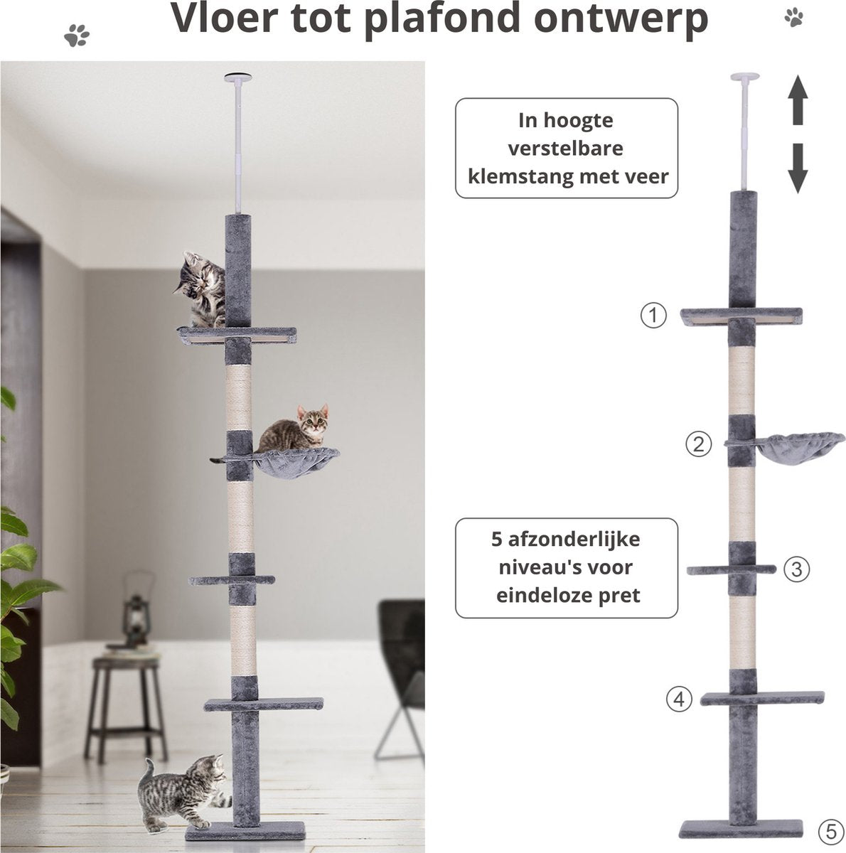 Krabpaal - In hoogte verstelbaar - Krabpaal voor Katten - Krabpaal - Kattenspeeltjes - Katten - Grijs - 40x30x (230–260) cm