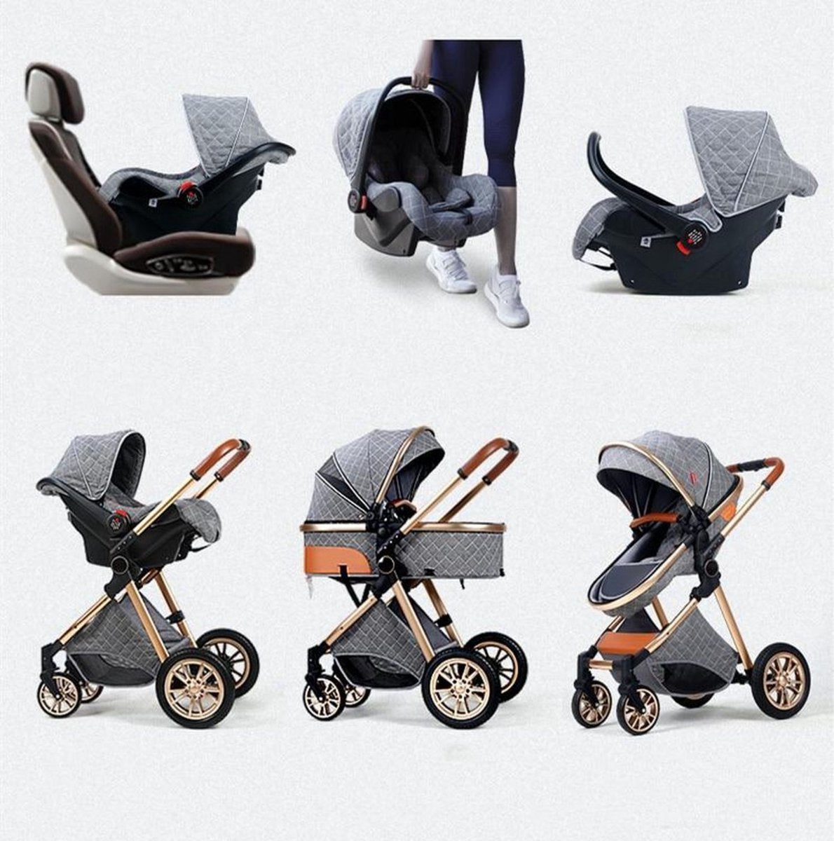 Kinderwagen 3-in-1 – Luxe kinderwagen – Buggy – Wandelwagen – Multifunctioneel – Opklapbaar – Incl. autostoel – Grijs