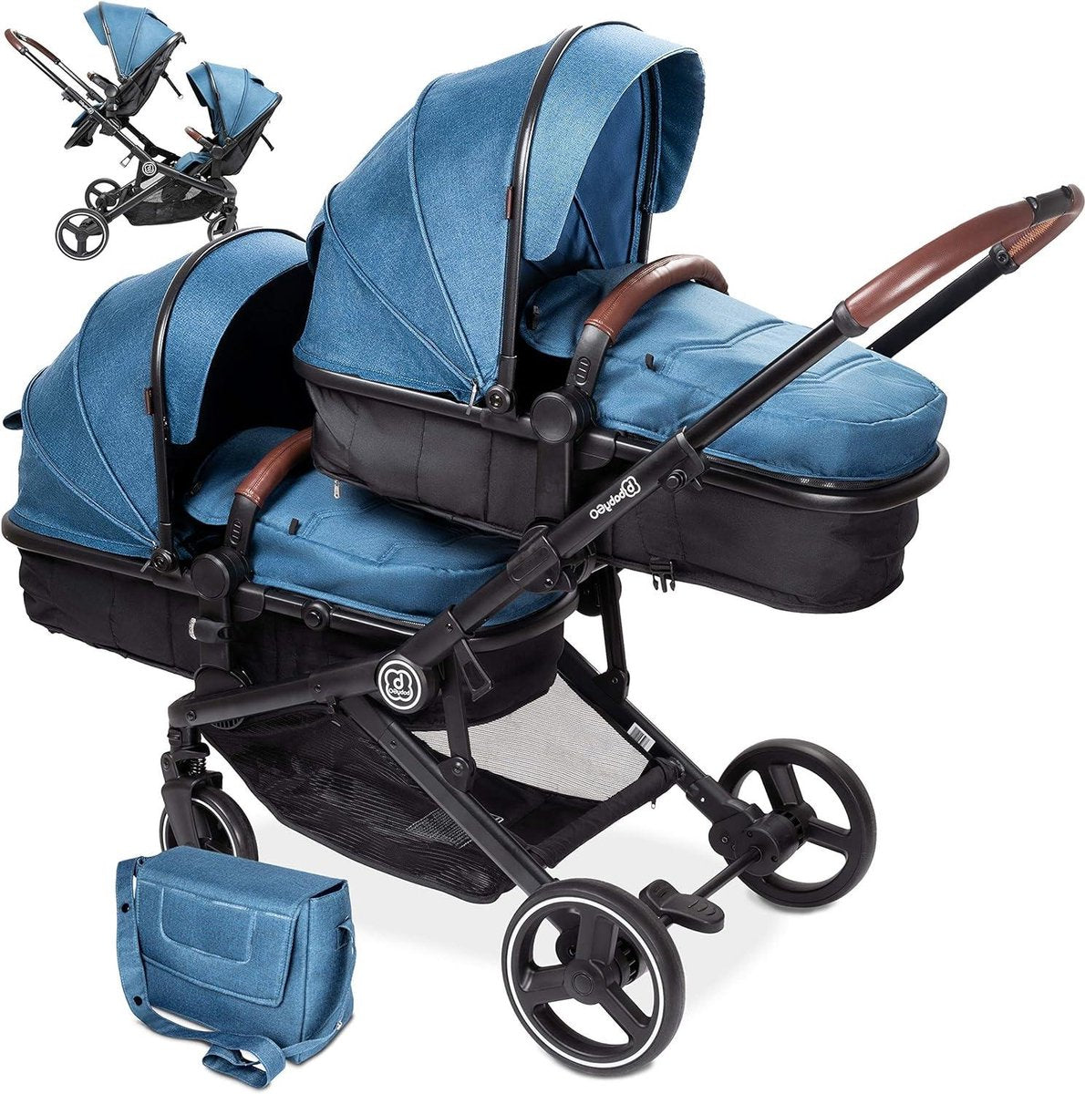 3-in-1 Kinderwagen voor tweelingen - Baby's en kinderwagen voor broers en zussen - Tweelingwagen voor 2 kinderen met accessoires - Blauw melange (exclusief babyzitje) Duokinderwagen