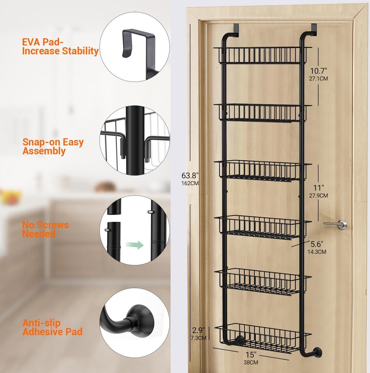 6-Tier Over-the-Door Pantry Organizer Rack - Strong Metal - Hanging Spice Rack - Wall Mount Storage - Kitchen Dining Bathroom Bedroom - Black Hanging Spice Rack